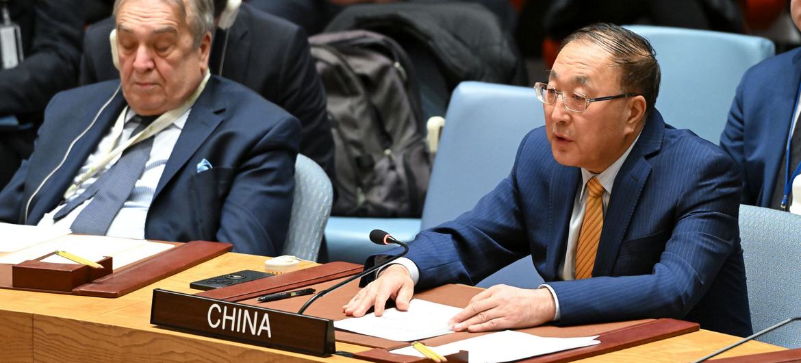 Ambassador Zhang Jun of China addresses the Security Council meeting on threats to international peace and security.